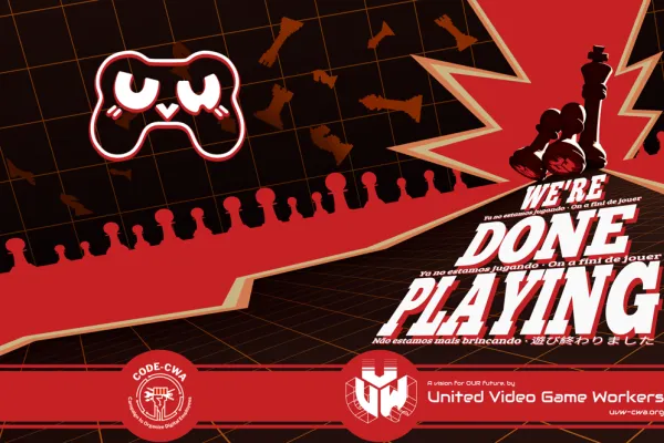 A low resolution render of the 2025 GDC Zine cover. It features an army of chess pawns uniting against their king.