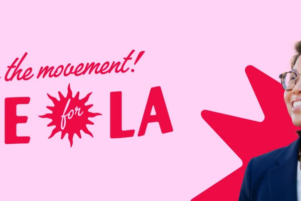 Join the movement! Rae for LA. A banner featuring LA Mayoral candidate Rae Huang.