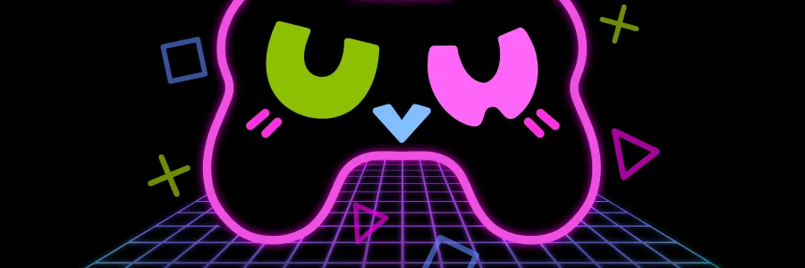 Our mascot, UVW-Chan--a cartoon video game controller, surrounded by our slogan: WE'RE DONE PLAYING